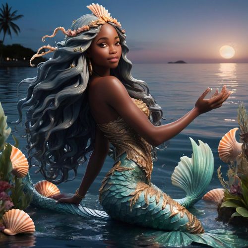 Kianda, the Angolan water goddess, emerging from the ocean at twilight.
