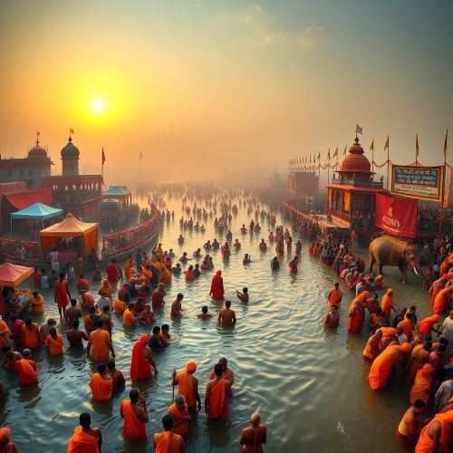 A panoramic sunrise scene of Kumbh Mela at Prayagraj, with saffron-clad sadhus performing ritual bathing in the Ganges.