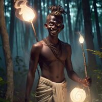 Mythlok - Kuttichathan Kuttichathan, A mischievous dark-skinned adolescent male spirit with a topknot, glowing eyes, and bare chested and wearing a mundu