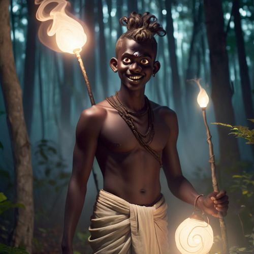 Kuttichathan, A mischievous dark-skinned adolescent male spirit with a topknot, glowing eyes, and bare chested and wearing a mundu