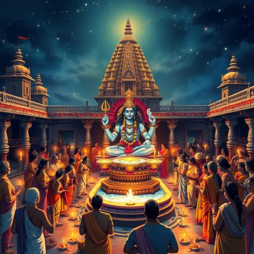 Maha Shivaratri : Night of Transformation a vibrant Maha Shivaratri night celebration at a temple courtyard with a Shiva idol.