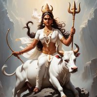 Mythlok - Mahagauri an image of Mahagauri, the radiant goddess from Indian mythology. She should appear as a serene, fair-complexioned woman dressed in white, seated on a white bull.