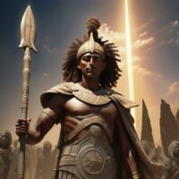 Mythlok - Maher Maher (Mahrem), the Ethiopian war god depicted as a regal warrior with armor, a tall spear, and a shield.