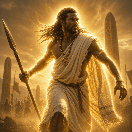 Maher (Mahrem), the Ethiopian war god depicted as a regal warrior with a tall spear