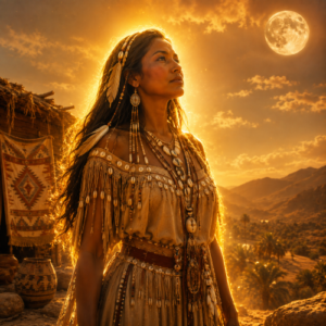 Menily, the Moon Maiden of Cahuilla mythology, stands in a warm desert landscape beneath the full moon,