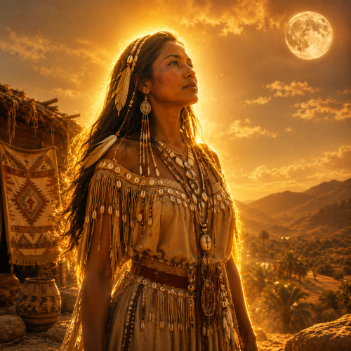 Menily, the Moon Maiden of Cahuilla mythology, stands in a warm desert landscape beneath the full moon,