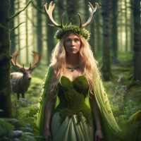 Mythlok - Mielikki an image of Mielikki, the Finnish forest goddess. She stands in a lush Nordic forest, wearing a gown of moss and leaves, crowned with antlers and wildflowers.