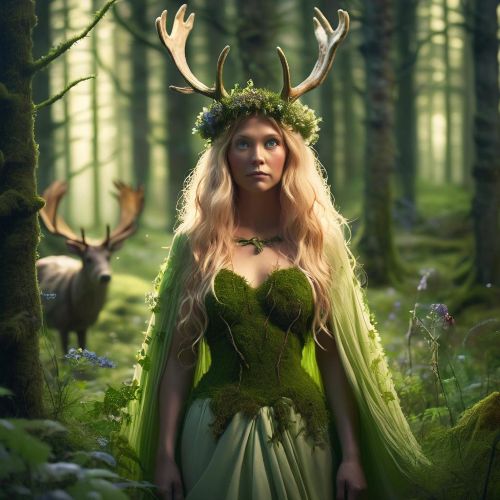 an image of Mielikki, the Finnish forest goddess. She stands in a lush Nordic forest, wearing a gown of moss and leaves, crowned with antlers and wildflowers.