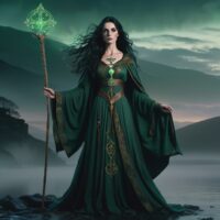 Mythlok - Morgan le Fay Portrait of Morgan le Fay, a regal enchantress from Arthurian mythology, standing alone on the misty shores of Avalon.