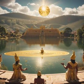 Mythlok - Muisca_ A cultural scene inspired by Muisca mythology: Lake Guatavita shimmering under the Andean sun, with a Muisca ruler covered in golden dust