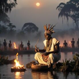 Mythlok - Ngbandi_ A sacred riverside scene inspired by Ngbandi mythology, set along the Congo River at twilight.