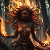 Mythlok - Nyale Nyale from Bambara mythology as a solitary female figure surrounded by swirling flames and shadows, symbolizing chaos and fertility.