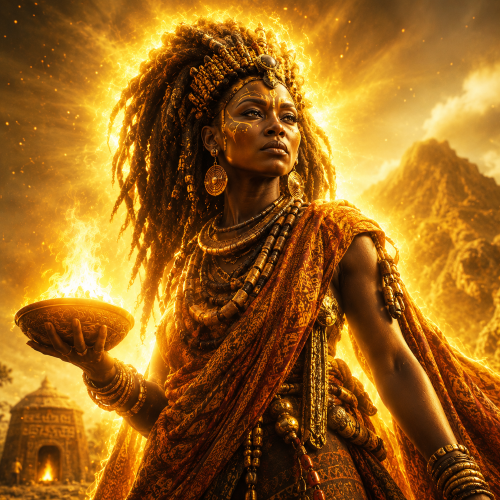 Nyale from Bambara mythology as a solitary female figure surrounded by swirling flames and shadows, symbolizing chaos and fertility.