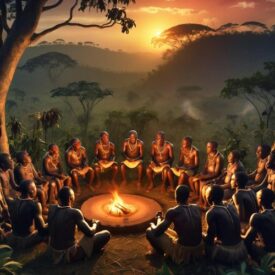 Mythlok - Nyanga_ Image of a dramatic scene from Nyanga mythology involving a storyteller and listeners in a circle