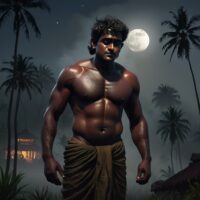 Mythlok - Odiyan Image of a lone Odiyan figure—muscular, bare-chested, with smeared oil on his ears.