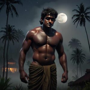 Image of a lone Odiyan figure—muscular, bare-chested, with smeared oil on his ears.