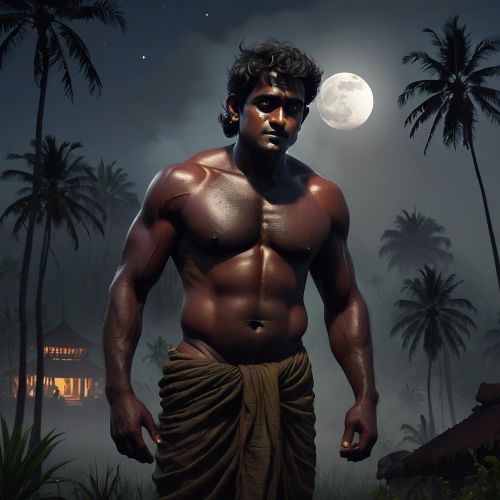 Image of a lone Odiyan figure—muscular, bare-chested, with smeared oil on his ears.