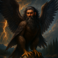 Mythlok - Ong an image of Ong from Washoe mythology: a colossal eagle-like bird with a human warrior’s face, wings longer than pine trees