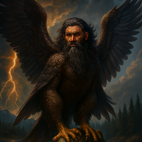 an image of Ong from Washoe mythology: a colossal eagle-like bird with a human warrior’s face, wings longer than pine trees