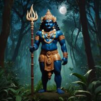 Mythlok - Parakutty Chathan Parakutty Chathan, a fierce guardian deity from Kerala’s Vishnumaya tradition, standing in a sacred forest grove under a moonlit Amavasi night.