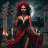 Mythlok - Pomba Gira an image of Pomba Gira as an ancient Brazilian regal, sensual spirit standing at a moonlit crossroads.