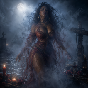 an image of Pomba Gira as an ancient Brazilian regal, sensual spirit standing at a moonlit crossroads.