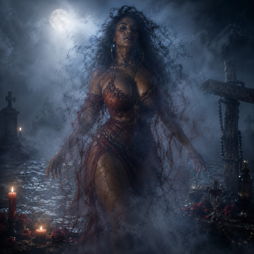 an image of Pomba Gira as an ancient Brazilian regal, sensual spirit standing at a moonlit crossroads.