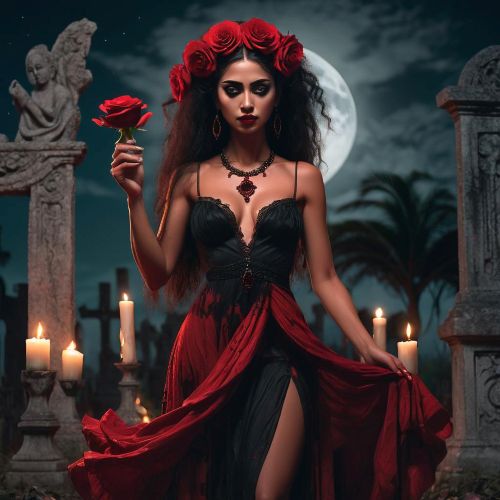 an image of Pomba Gira as an ancient Brazilian regal, sensual spirit standing at a moonlit crossroads.