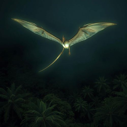 Ropen: The Bioluminescent Cryptid Ropen, a bioluminescent winged cryptid flying over a misty jungle in Papua New Guinea at night