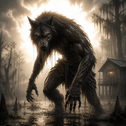 The Rougarou, a towering werewolf-like creature, stalks through a misty Louisiana bayou under a brilliant white backlight.