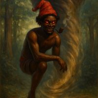 Mythlok - Saci Saci-Pererê from Brazilian folklore: a one-legged, dark-skinned youth wearing a red magical cap and smoking a pipe