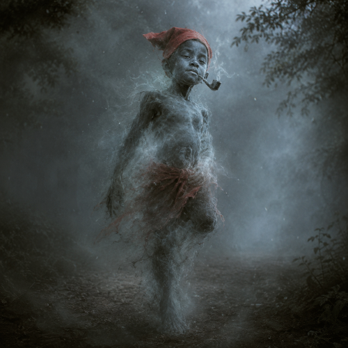 Saci-Pererê from Brazilian folklore: a one-legged, dark-skinned youth wearing a red magical cap and smoking a pipe