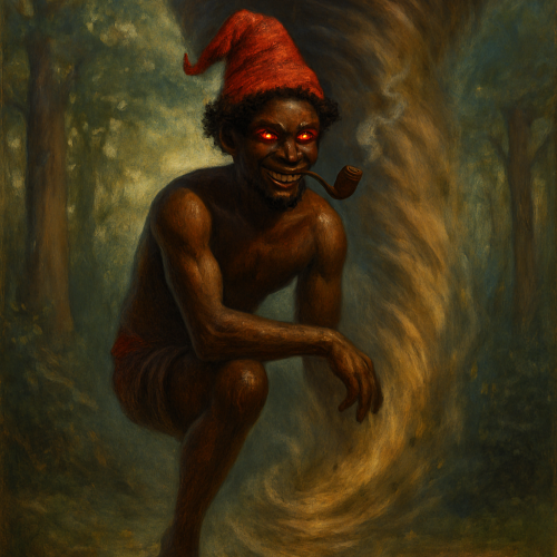 Saci-Pererê from Brazilian folklore: a one-legged, dark-skinned youth wearing a red magical cap and smoking a pipe