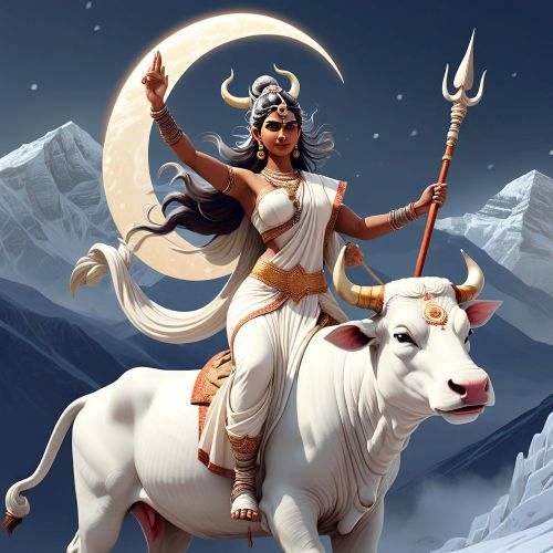 an image of Goddess Shailaputri from Indian mythology.