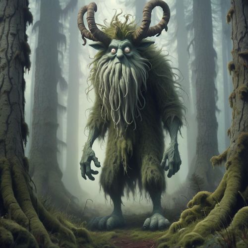 Shurali, a tall woolly forest spirit with very long fingers and horns on its forehead, standing in a misty pine forest.