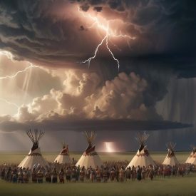 Mythlok - Sioux_ A cultural scene inspired by Sioux mythology: a wide circle of tipis set on the plains, symbolizing the sacred circle