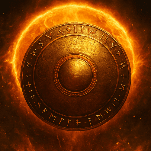 Svalinn : The Solar Shield A radiant golden shield named Svalinn floating in front of a blazing sun, inscribed with ancient Norse runes
