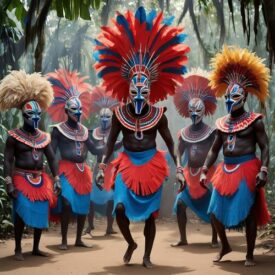 Mythlok - Teke_ A ceremonial scene inspired by Teke mythology of Central Africa, featuring masked dancers in brightly colored traditional Teke masks