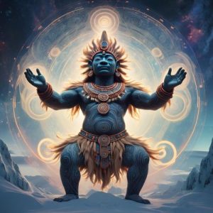 an image of Temáukel, the primordial god of the Selk'nam people, depicted as a radiant, abstract force dwelling in the eastern sky