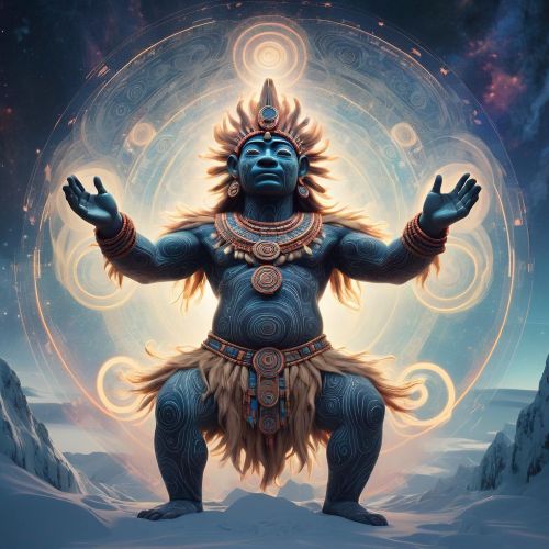 an image of Temáukel, the primordial god of the Selk'nam people, depicted as a radiant, abstract force dwelling in the eastern sky