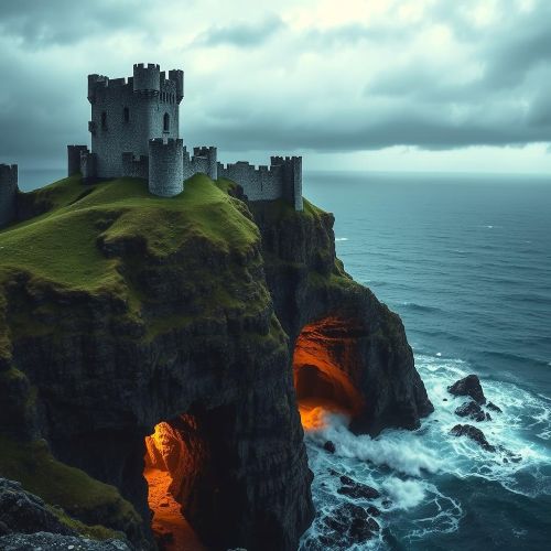 Tintagel castle ruins perched on dramatic cliffs overlooking the Atlantic Ocean, with stormy skies and crashing waves below.