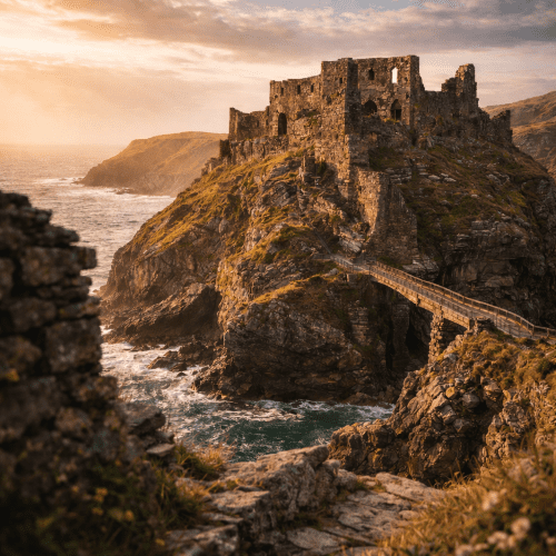 Tintagel castle ruins perched on dramatic cliffs overlooking the Atlantic Ocean, with stormy skies and crashing waves below.