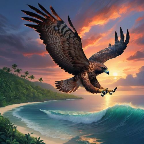 Turukawa the creator hawk from Fijian mythology as a majestic hawk soaring above the ocean near a lush Fijian island at dawn.