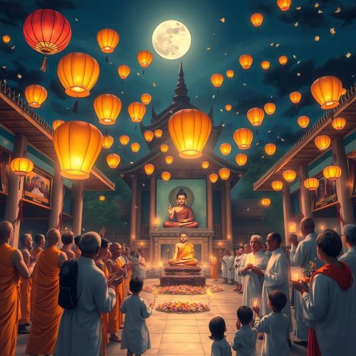 A vibrant Vesak celebration in a temple courtyard under a full moon.