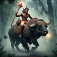 Mythlok - Vishnumaya an image of Vishnumaya, the South Indian deity, depicted as a youthful male riding a buffalo through a misty forest.