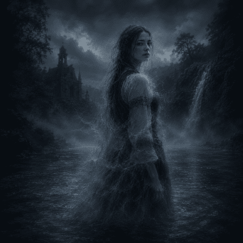 Xana with long hair, beside a forest spring under moonlight.