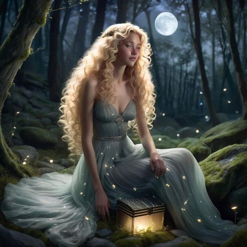 Xana with long curly blonde hair combed with a silver comb made of moonlight, sitting beside a forest spring under moonlight.