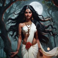 Mythlok - Yakshi an image of a Yakshi from Kerala mythology: a stunning celestial woman with long black hair,