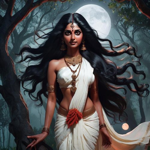 an image of a Yakshi from Kerala mythology: a stunning celestial woman with long black hair,