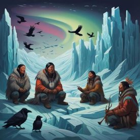 An image of Yupik mythology: stylized figures of Yupik shamans, hunters, and families among glaciers and auroras,
